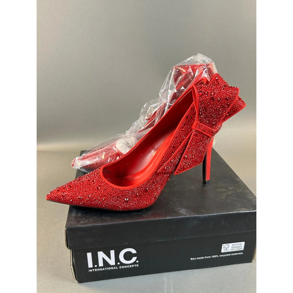INC International Concepts Silveef Red Bling Rhinestone Bow Pumps Heels 10 M